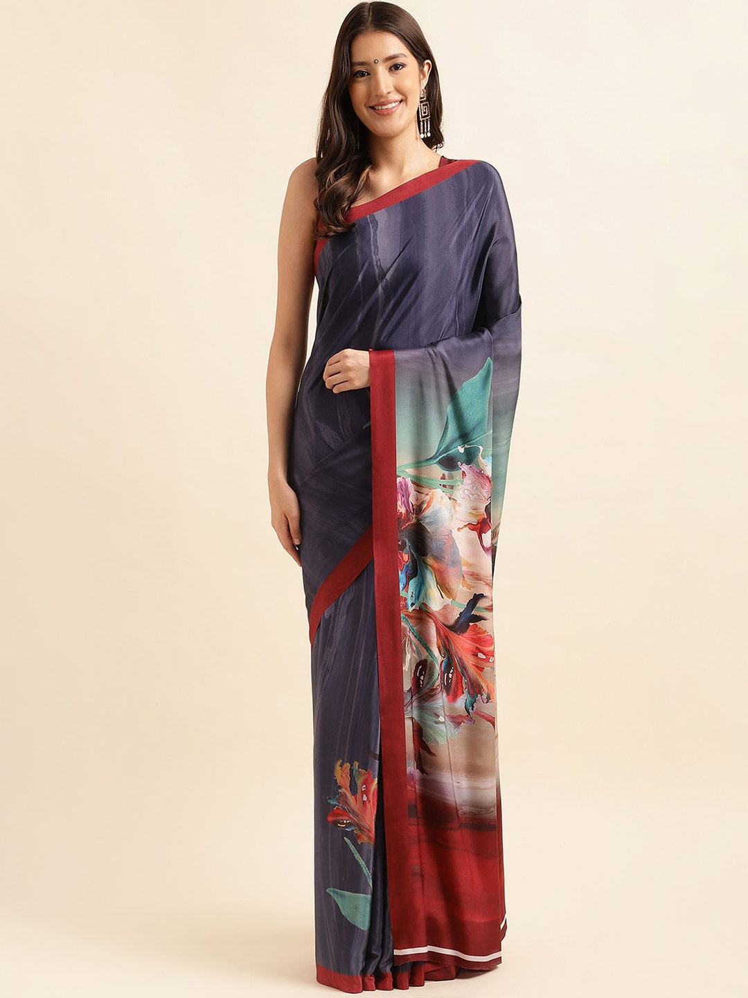 

Mitera Blue & Red Floral Printed Pure Silk Saree