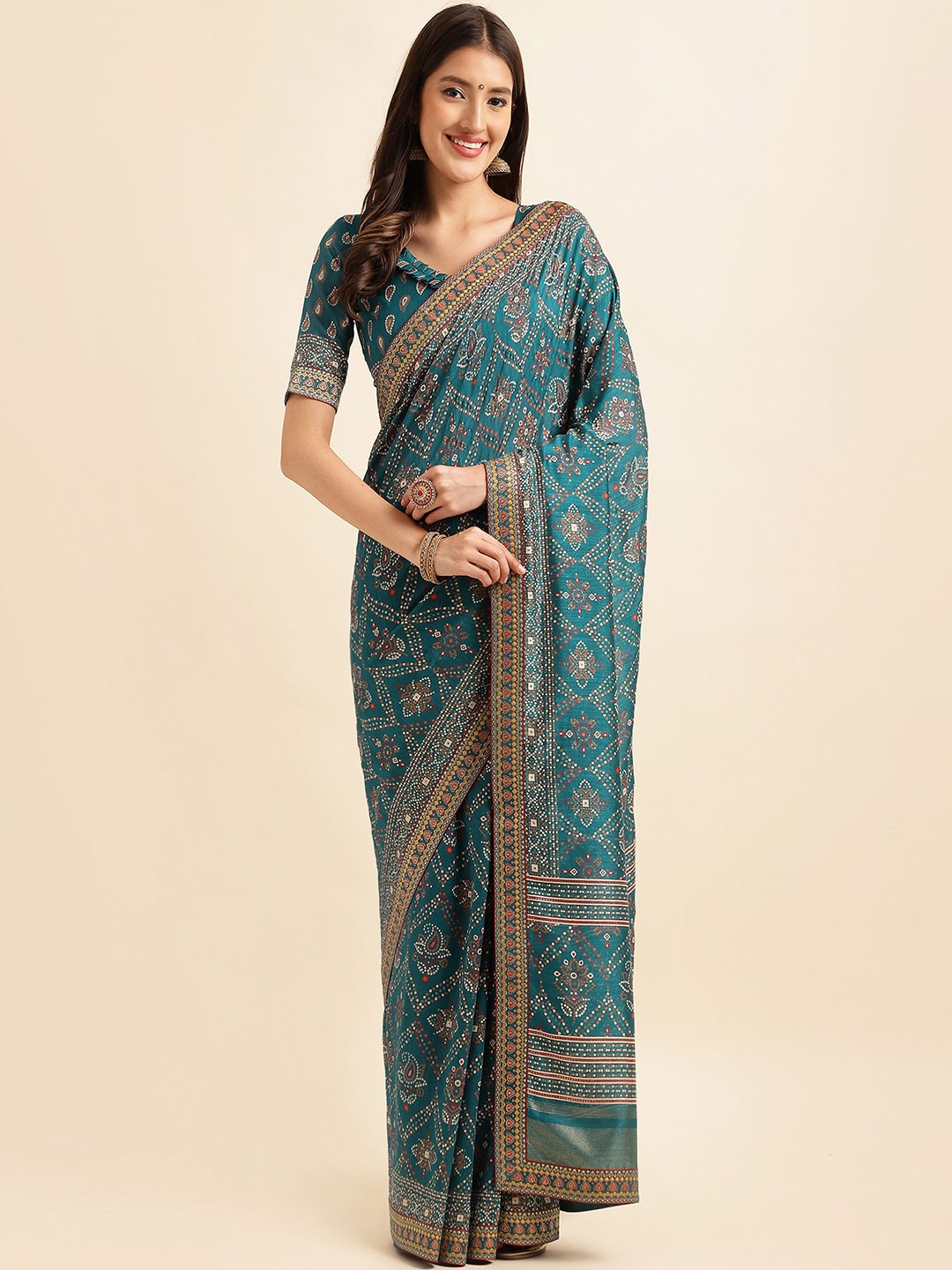 

Mitera Ethnic Motifs Printed Pure Silk Saree, Sea green