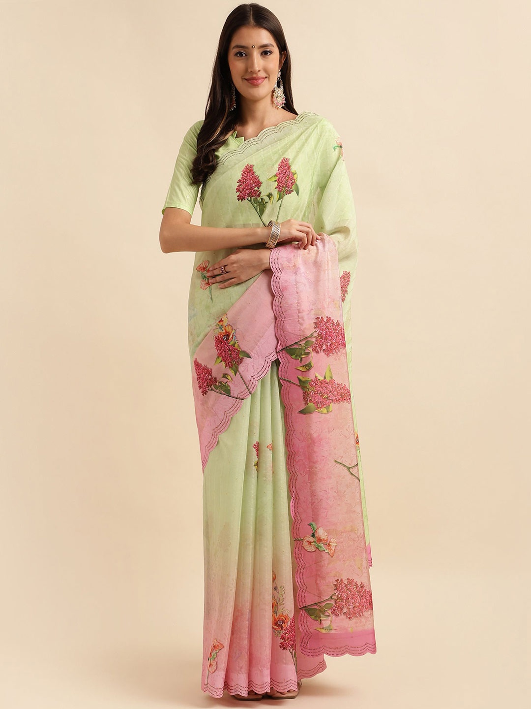 

Mitera Floral Printed Beads and Stones Organza Saree, Green