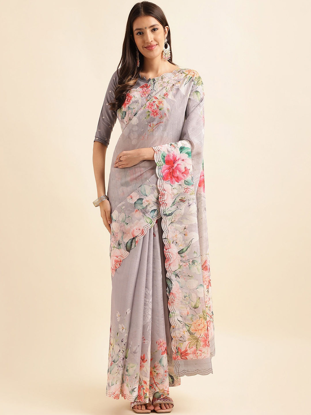 

Mitera Floral Printed Organza Saree, Grey