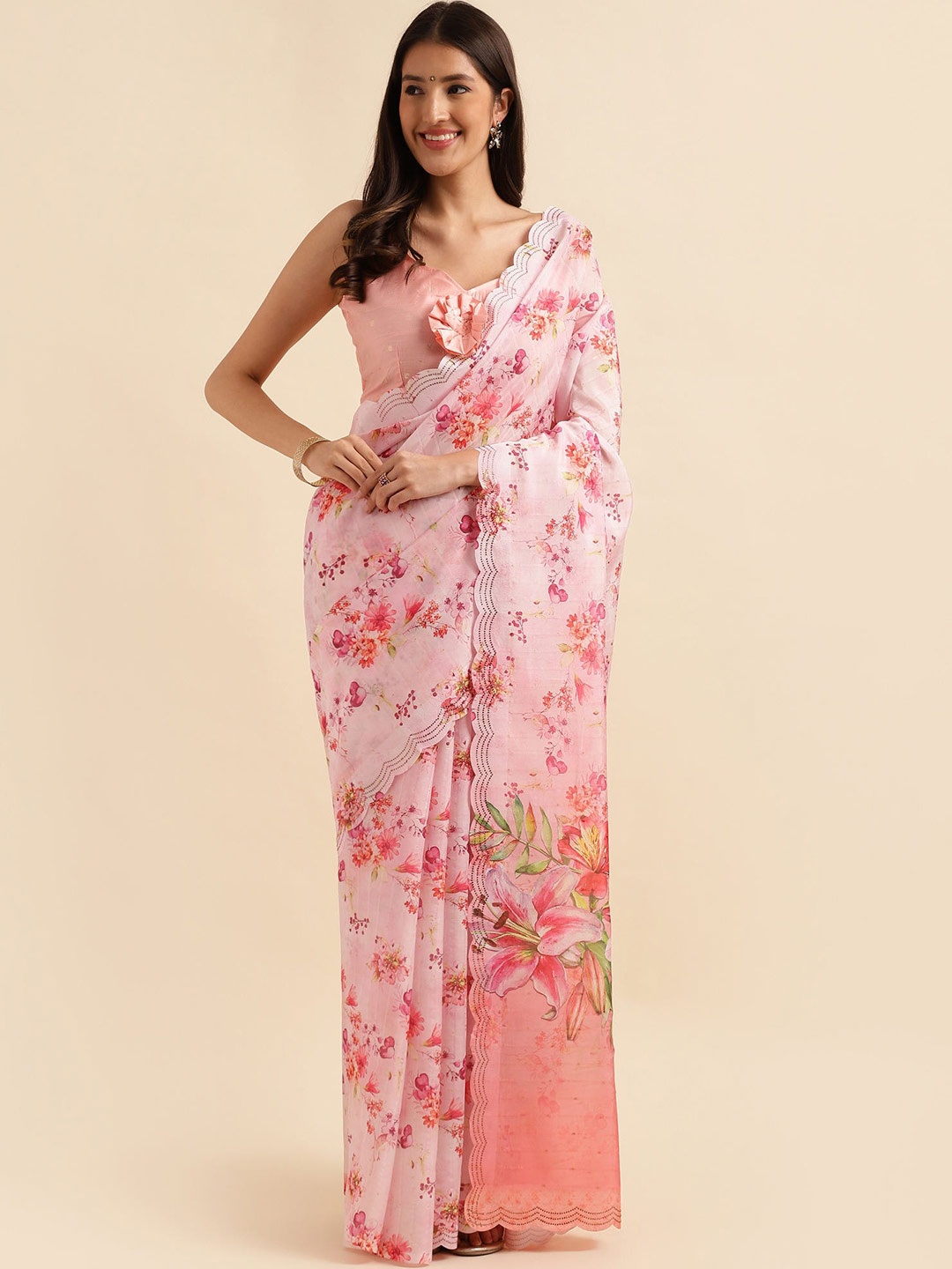 

Mitera Floral Printed Beads and Stones Organza Saree, Pink
