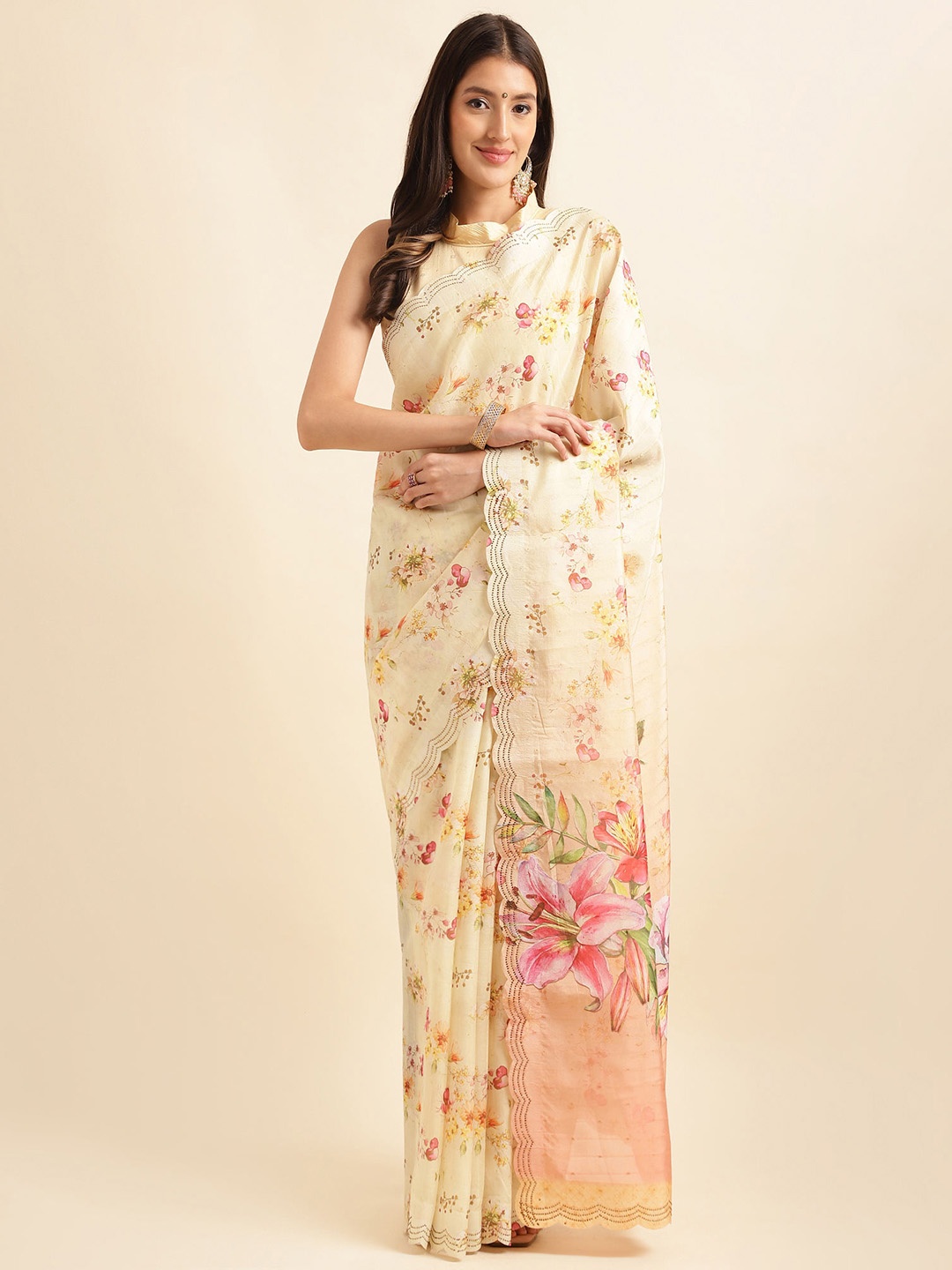 

Mitera Yellow & Green Floral Printed Organza Saree
