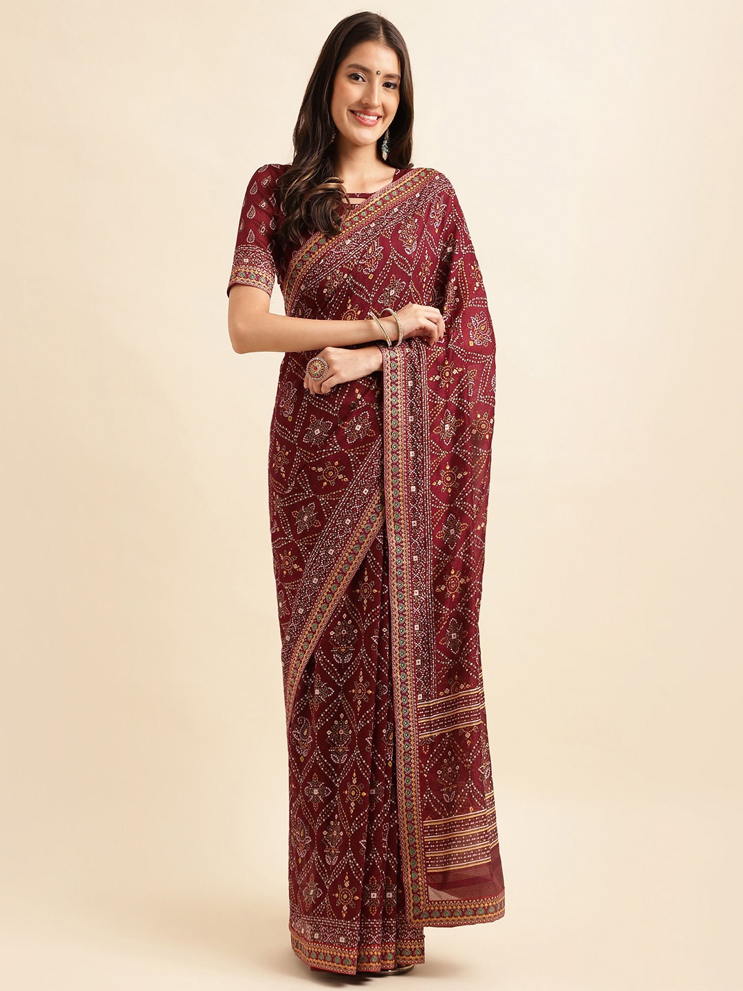 

Mitera Magenta & Green Bandhani Printed Pure Silk Saree