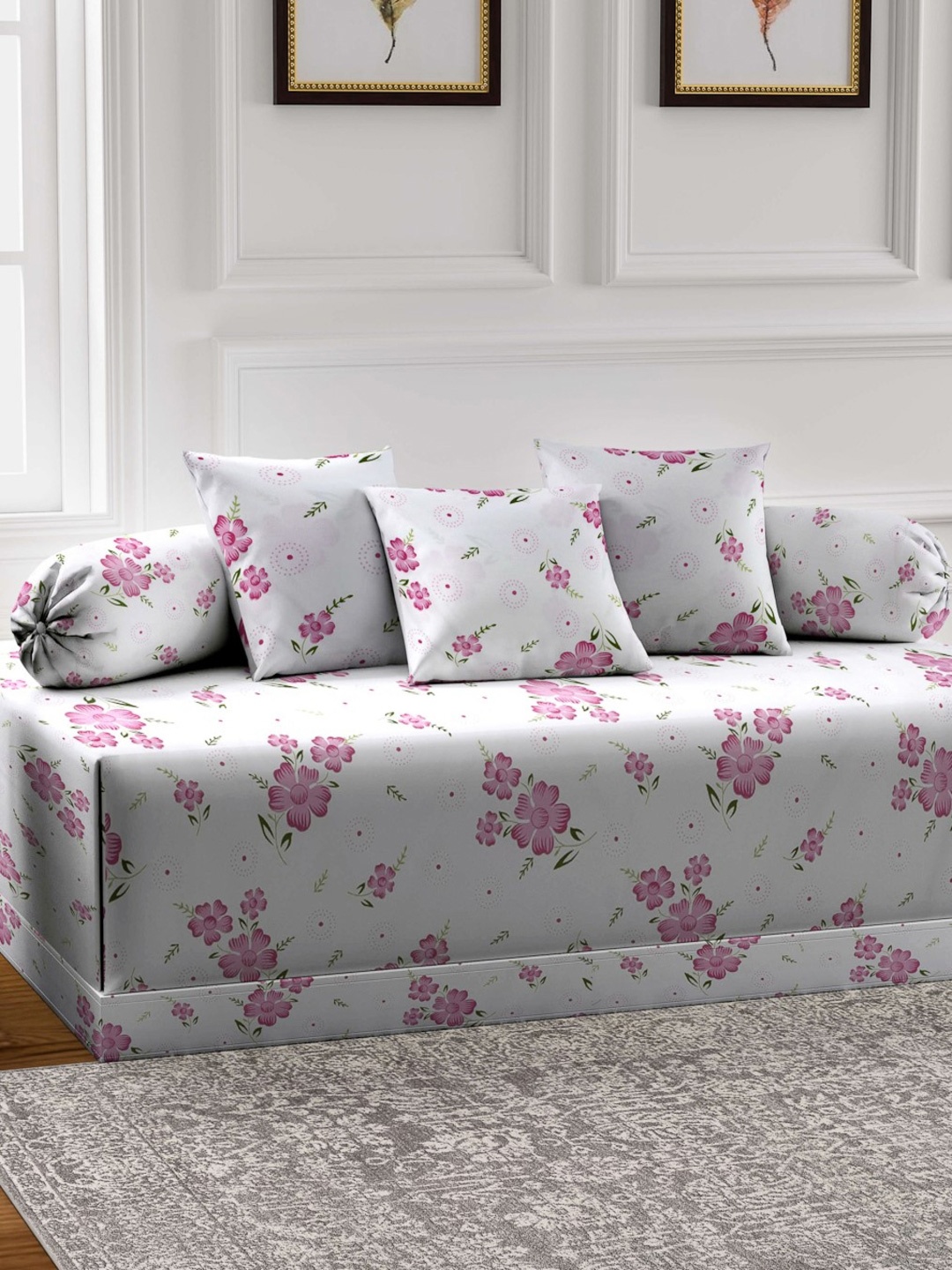 

FABINALIV White & Pink 6 Pieces Floral Printed Diwan Set