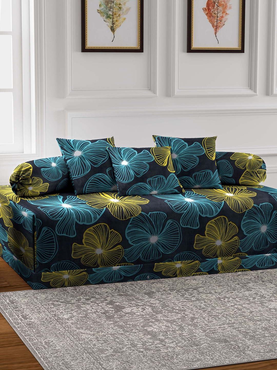 

FABINALIV Blue & Yellow 6 Pieces Floral Printed Diwan Set