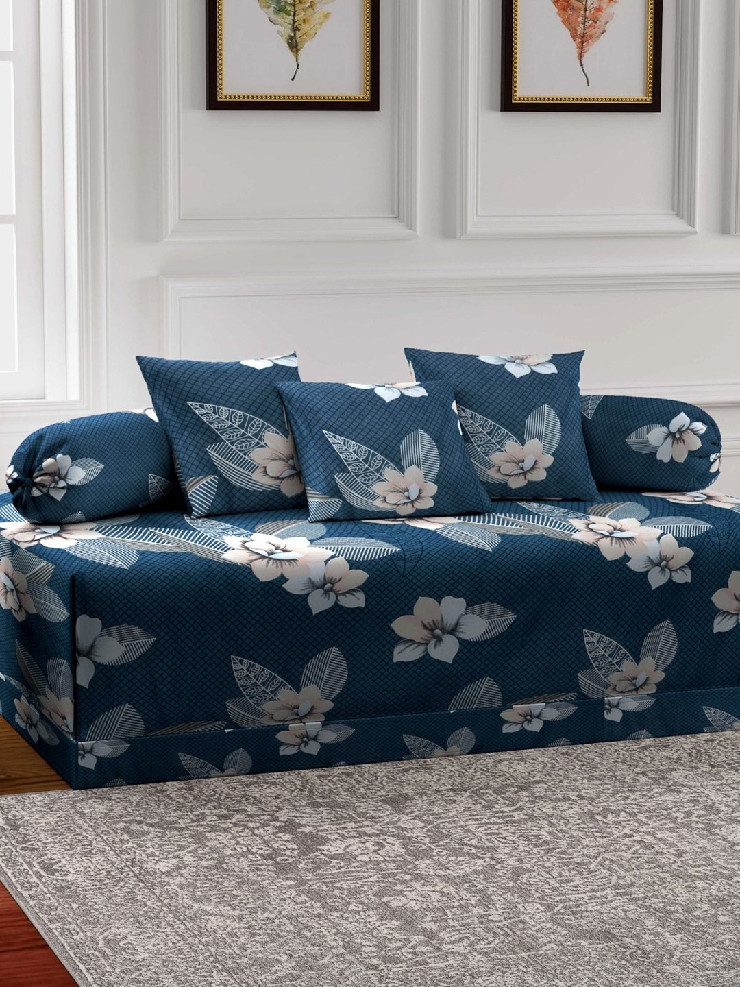 

FABINALIV Blue & Cream 6 Pieces Floral Printed Diwan Set