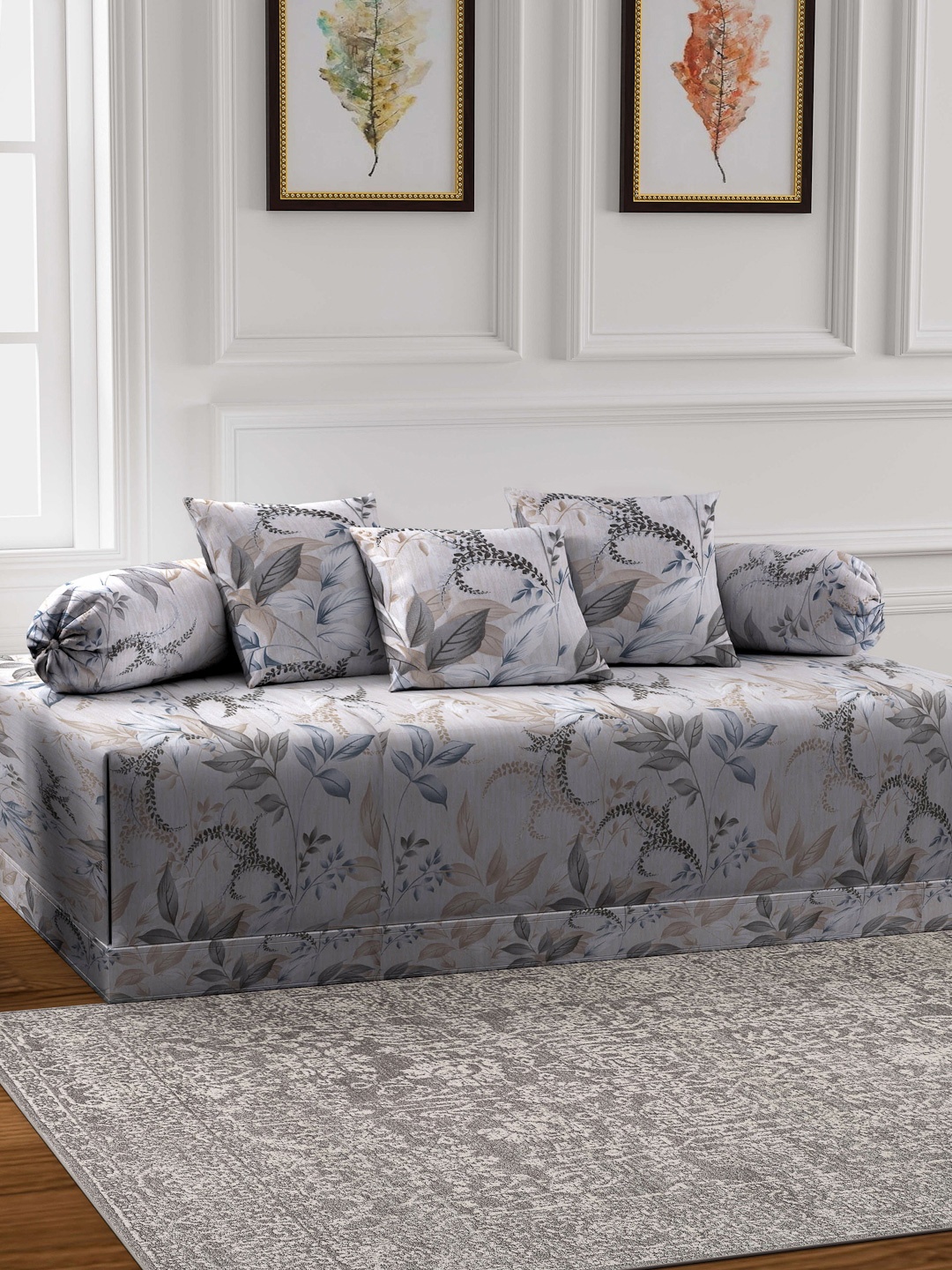 

FABINALIV Grey 6 Pieces Floral Printed Diwan Set