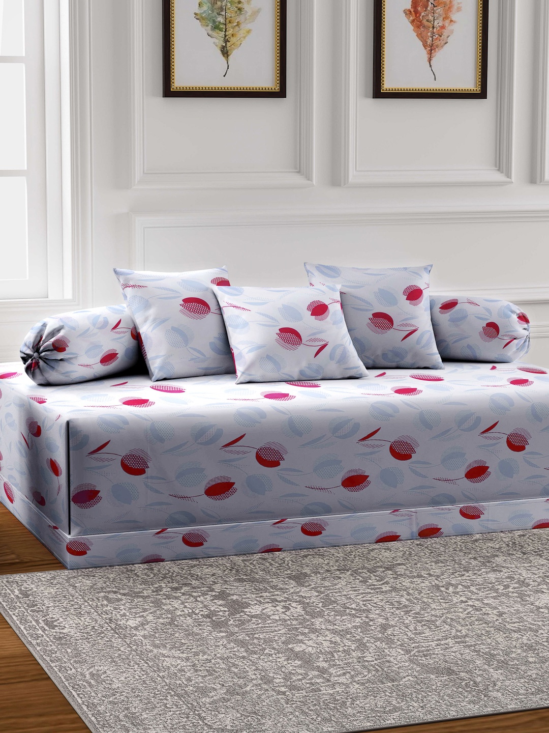

FABINALIV White & Red 6 Pieces Floral Printed Diwan Set