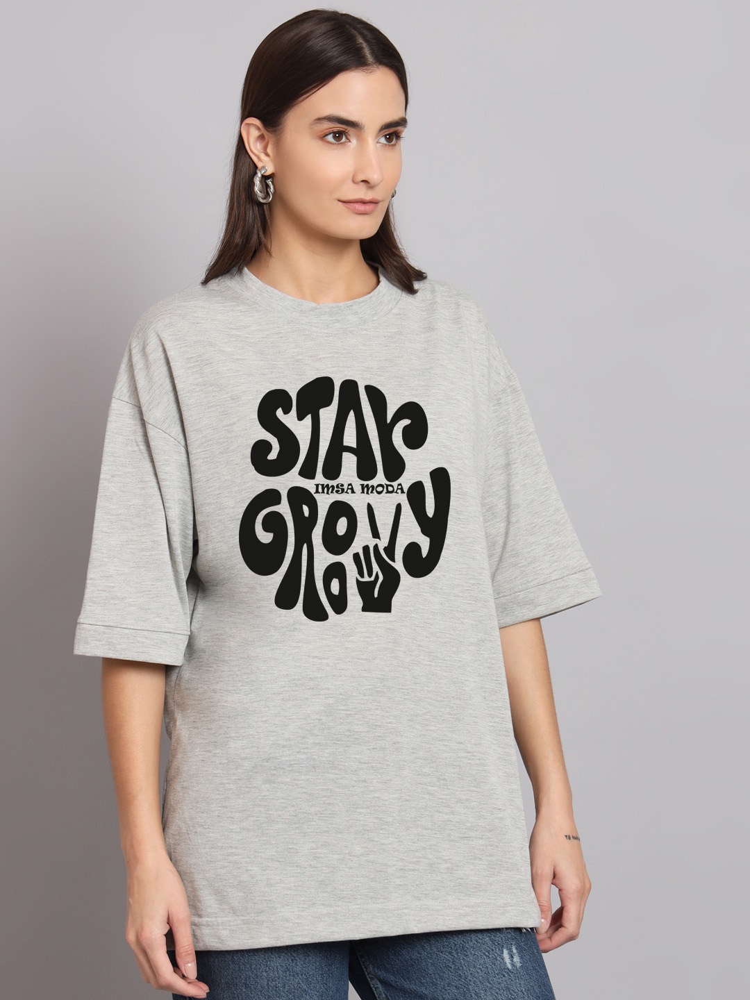 

Imsa Moda Typography Printed Oversized Longline Cotton T-shirt, Grey