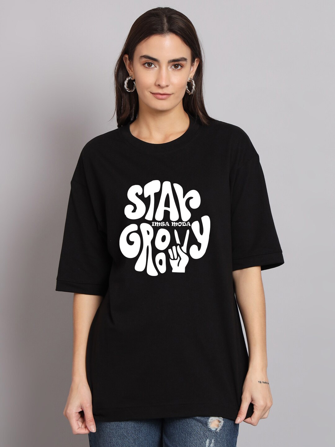 

Imsa Moda Typography Printed Oversized Longline Cotton T-shirt, Black
