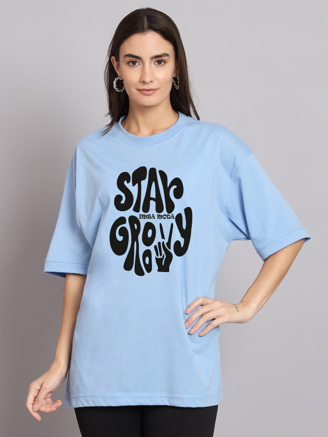 

Imsa Moda Typography Printed Oversized Longline Cotton T-shirt, Blue