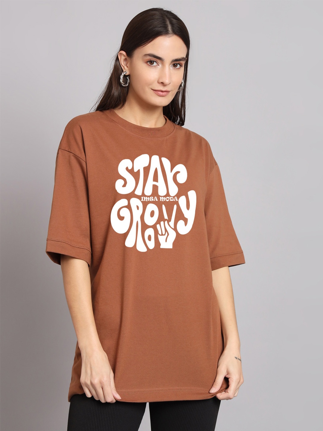 

Imsa Moda Typography Printed Drop-Shoulder Sleeves Cotton T-shirt, Brown