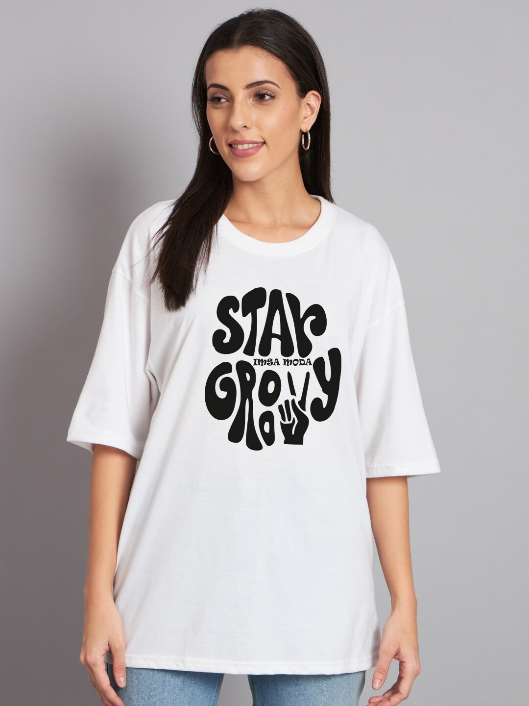 

Imsa Moda Typography Printed Oversized Longline Cotton T-shirt, White