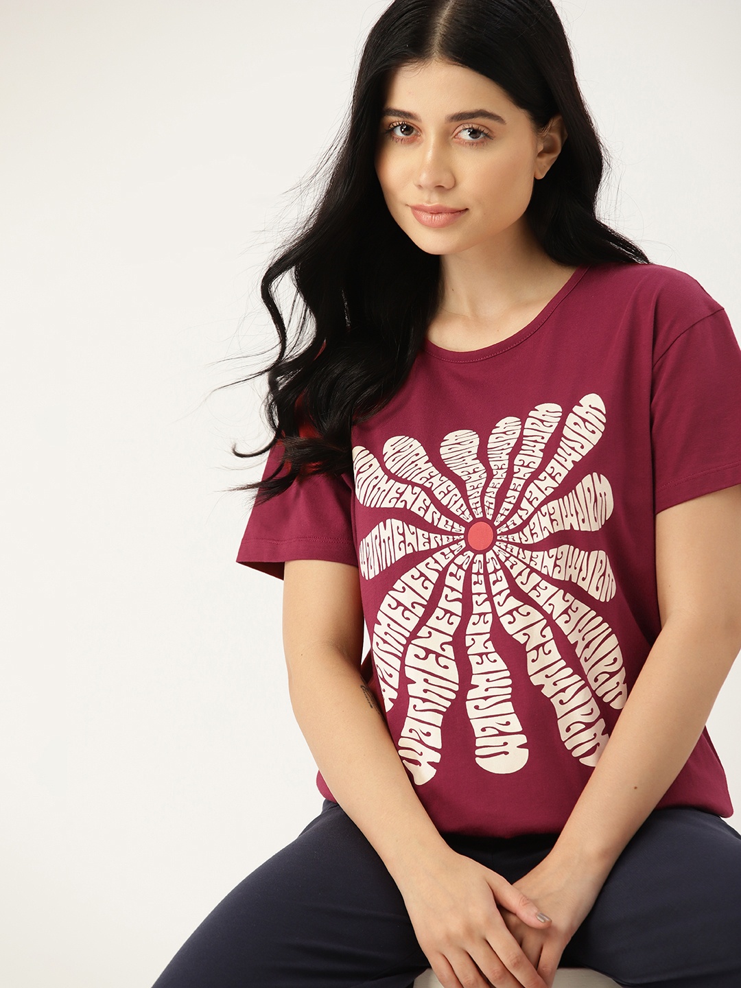 

ETC Women Graphic Printed Regular Fit T-shirt, Maroon