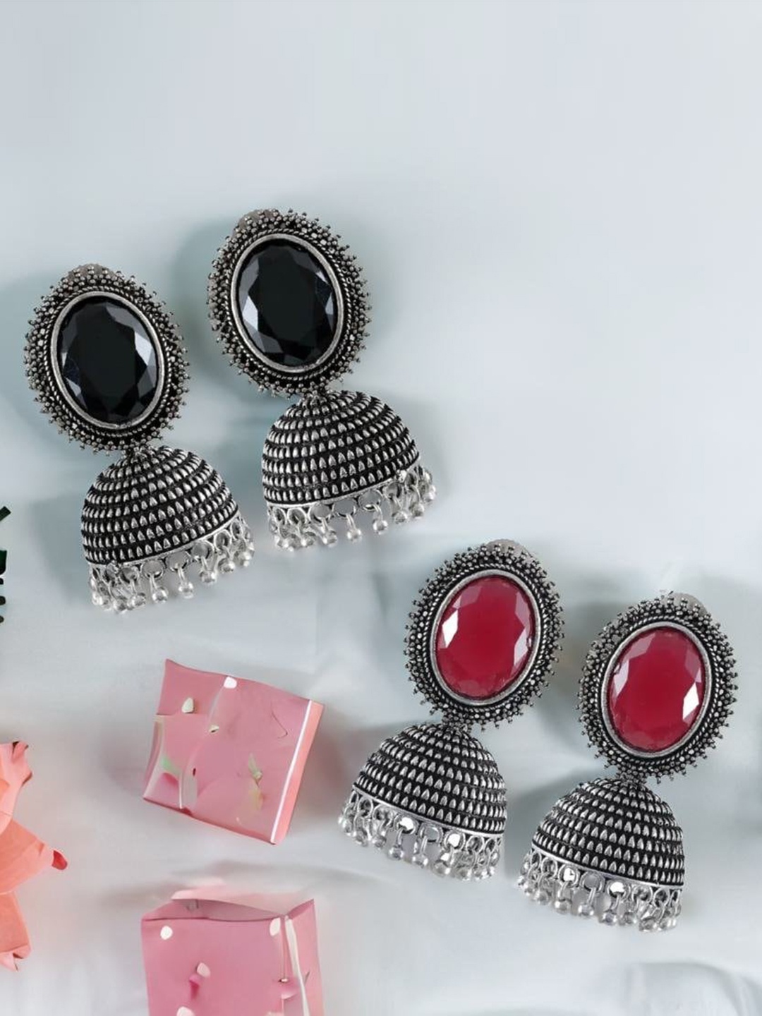 

UNIVERSITY TRENDZ Set Of 2 Silver Plated Dome Shaped Jhumkas