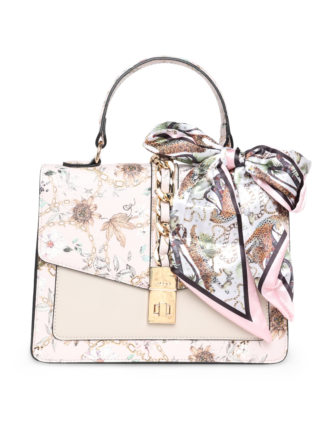 

ALDO Floral Printed Structured Satchel Bag with Chain Embellished Detail, Pink