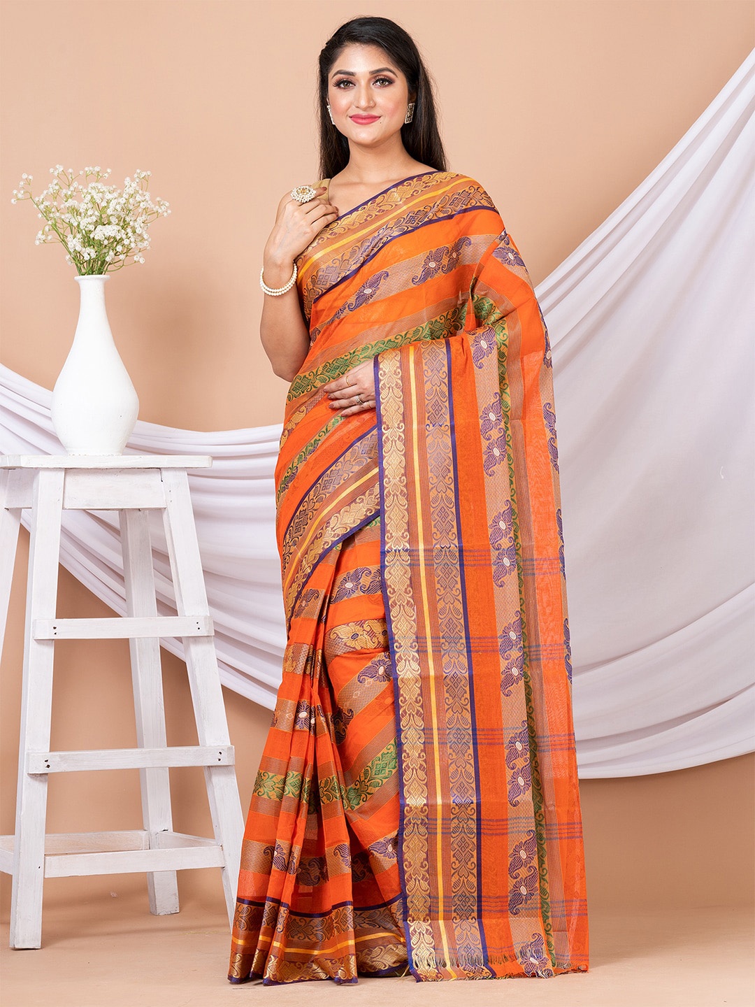 

HOUSE OF ARLI Ethnic Motifs Woven Design Zari Pure Cotton Taant Saree, Orange
