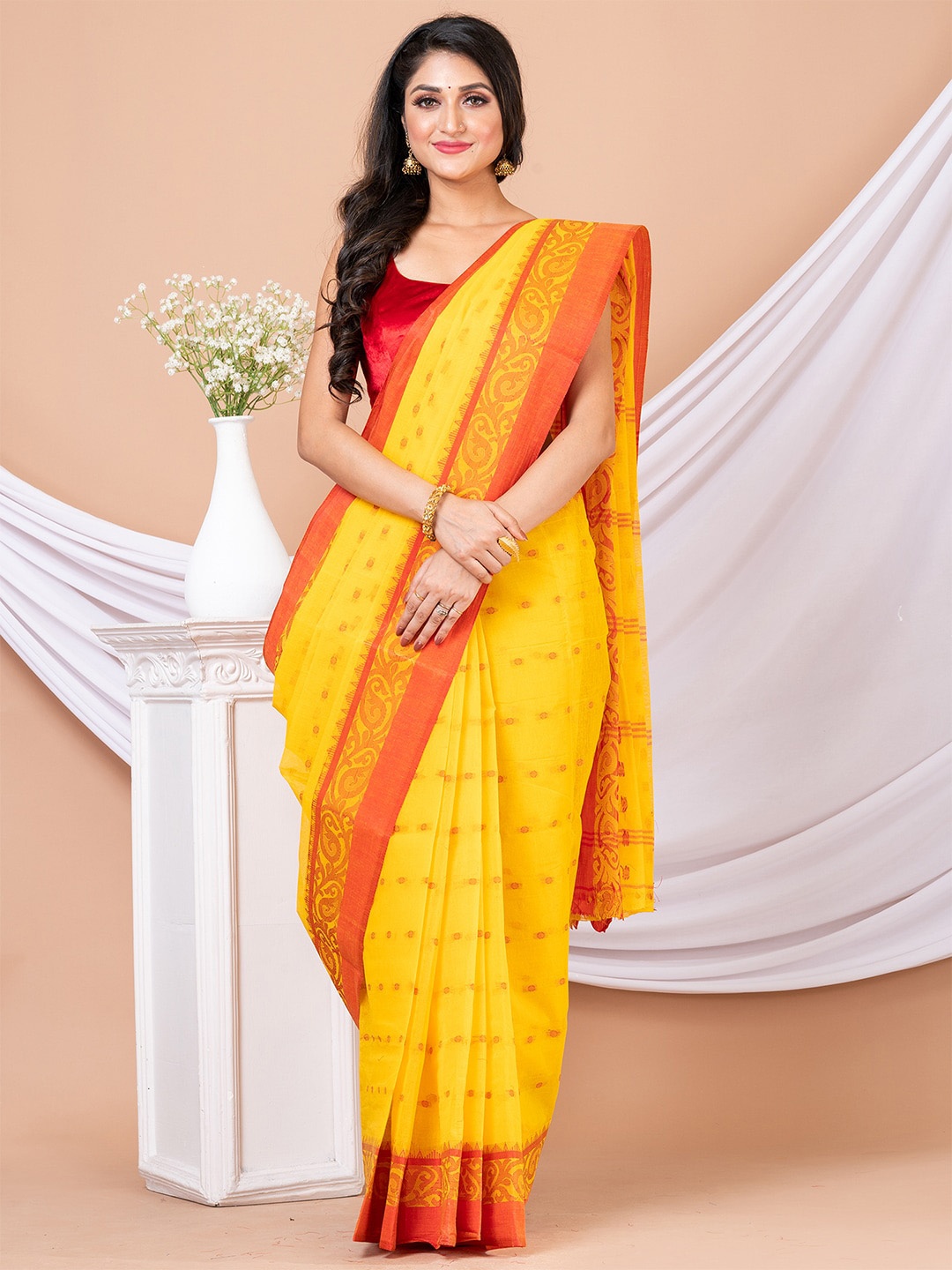 

HOUSE OF ARLI Ethnic Motifs Woven Design Zari Detail Pure Cotton Taant Saree, Yellow