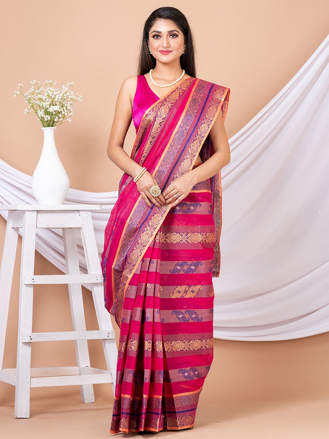 

HOUSE OF ARLI Ethnic Motifs Woven Design Zari Detail Pure Cotton Taant Saree, Pink