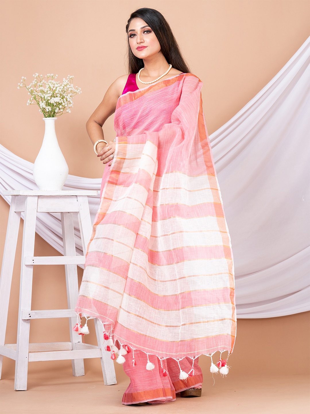 

HOUSE OF ARLI Striped Tasselled Border Saree, Pink