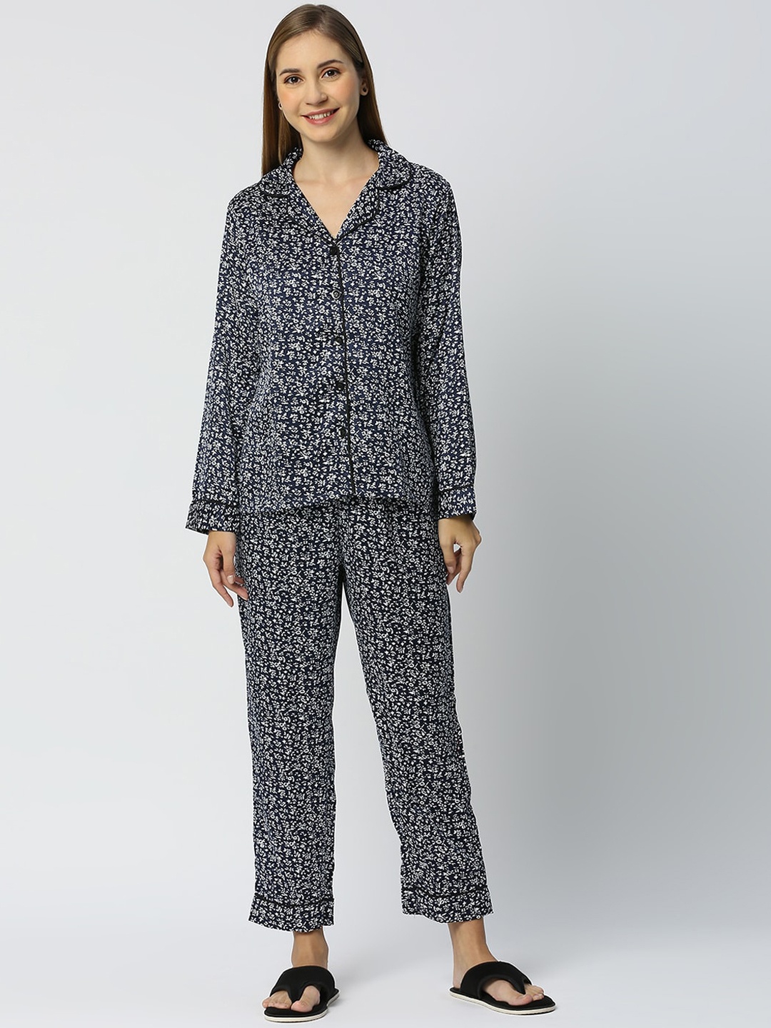 

Smarty Pants Floral Printed Satin Shirt & Pyjamas, Navy blue
