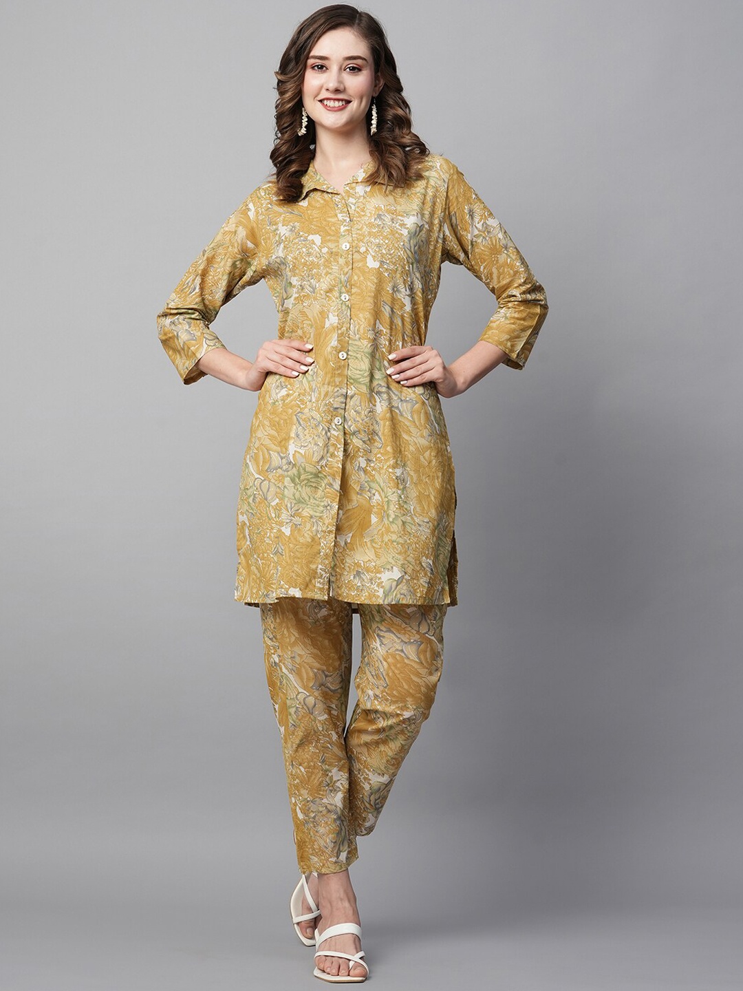 

Kiana House Of Fashion Floral Printed Shirt Collar Pure Cotton Kurta With Trousers, Mustard