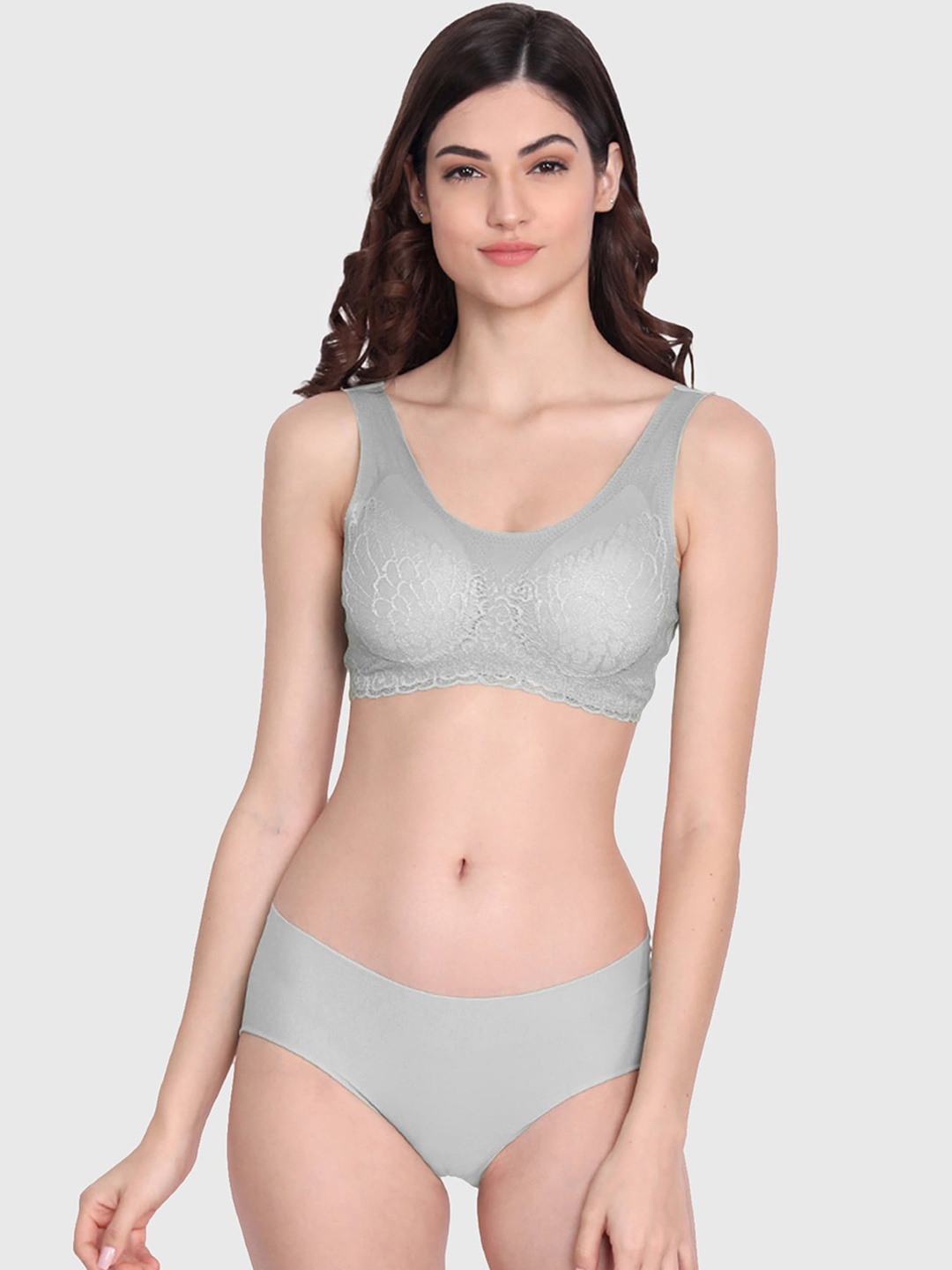 Opulent Self Design Non Wired Lightly Padded Silk Lingerie Set, Grey