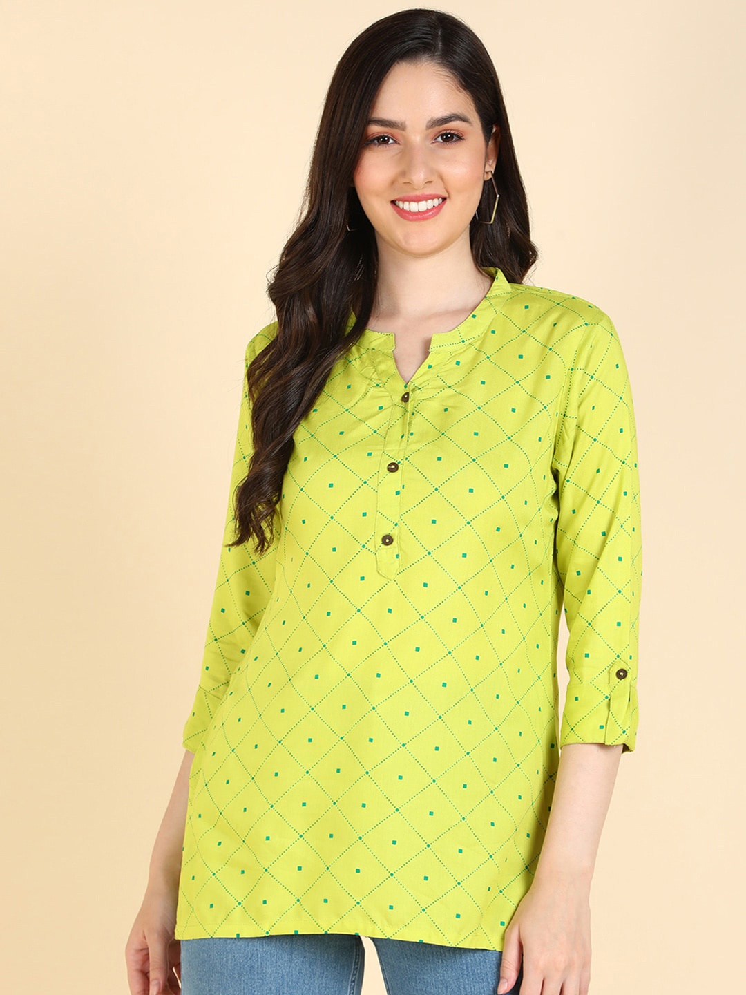 

HERE&NOW Geometric Printed Mandarin Collar Roll-Up Sleeves Straight Kurti, Green