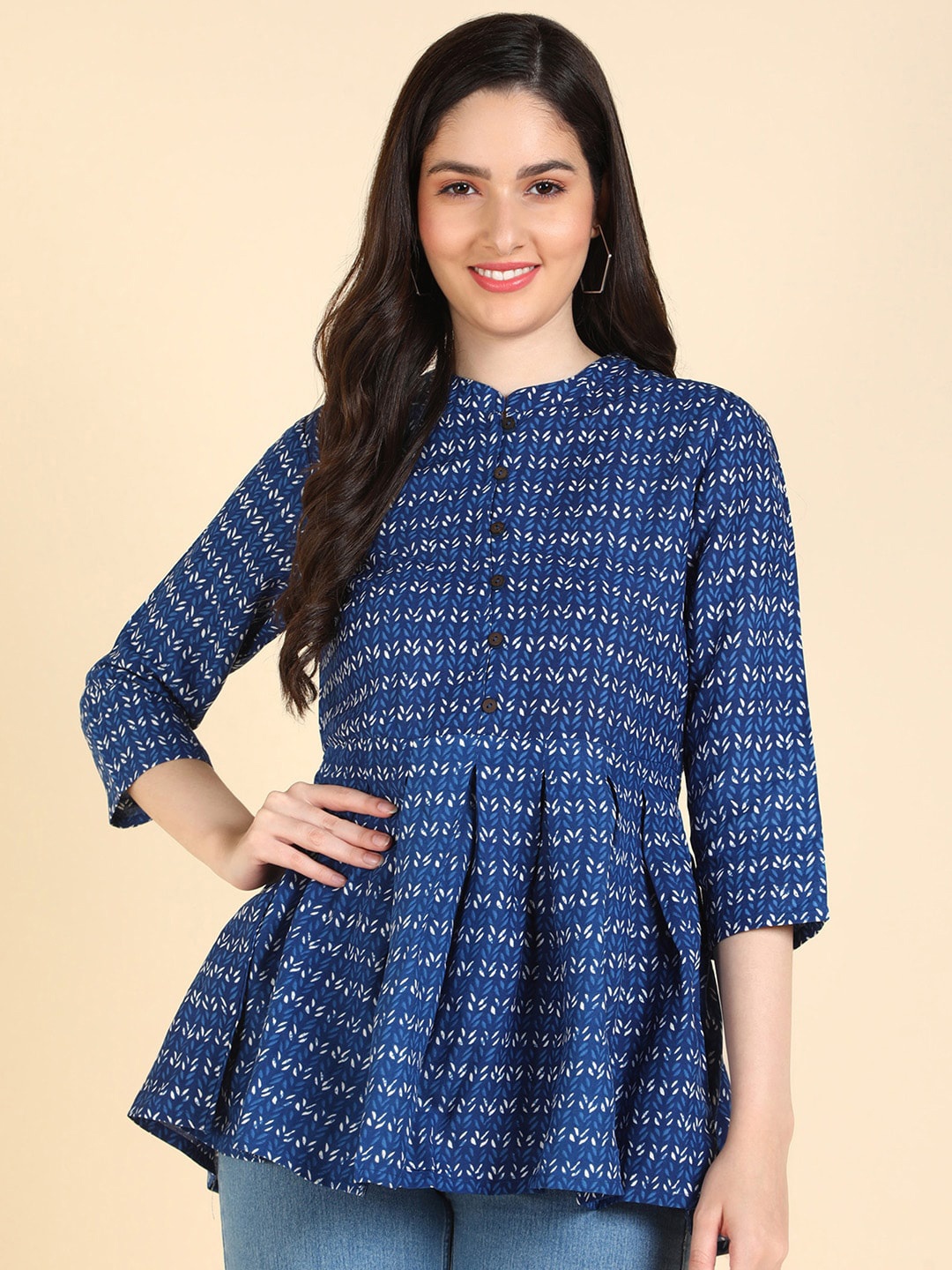 

HERE&NOW Floral Printed Mandarin Collar Pleated Anarkali Kurti, Blue