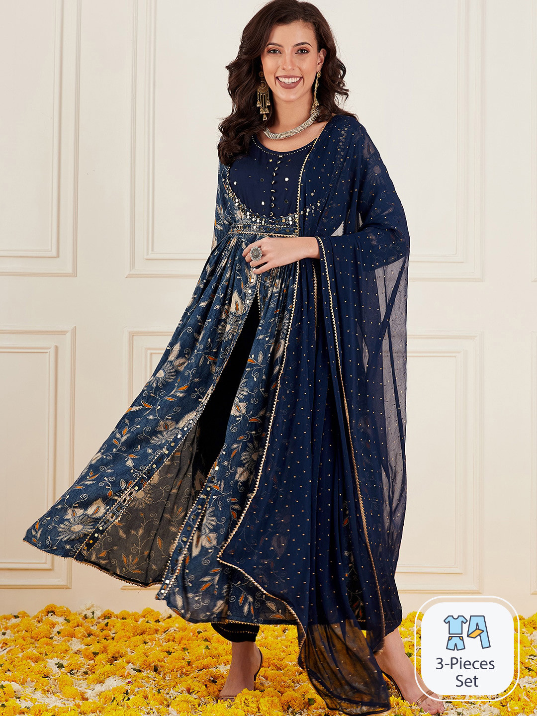 

Ishin Floral Printed Pleated Thread Work Kurta with Trousers & With Dupatta, Blue