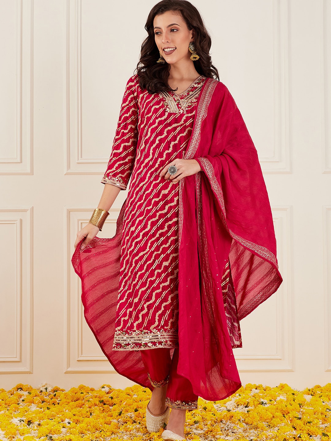

Ishin Ethnic Motifs Printed Mirror Work Kurta with Trousers & Dupatta, Pink