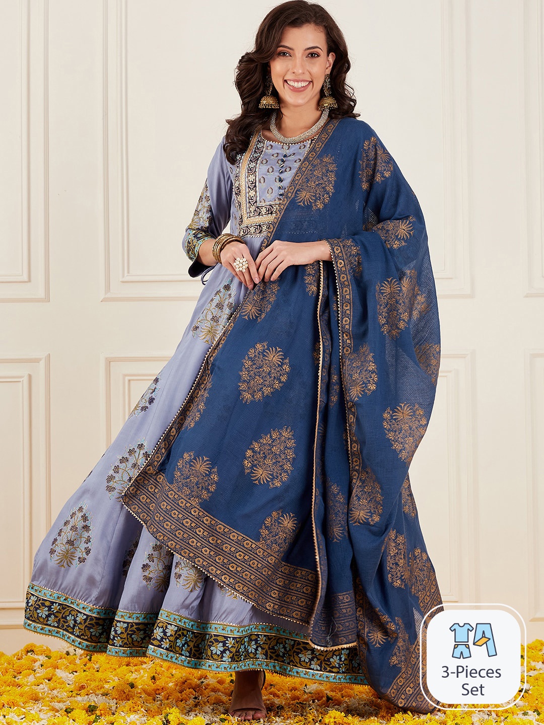 

Ishin Ethnic Motifs Printed Gotta Patti Anarkali Kurta With Dupatta, Blue