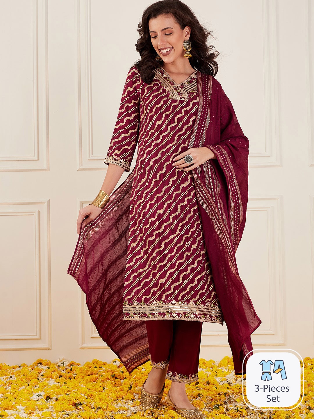 

Ishin Printed Mirror Work Kurta with Trousers & Dupatta, Maroon
