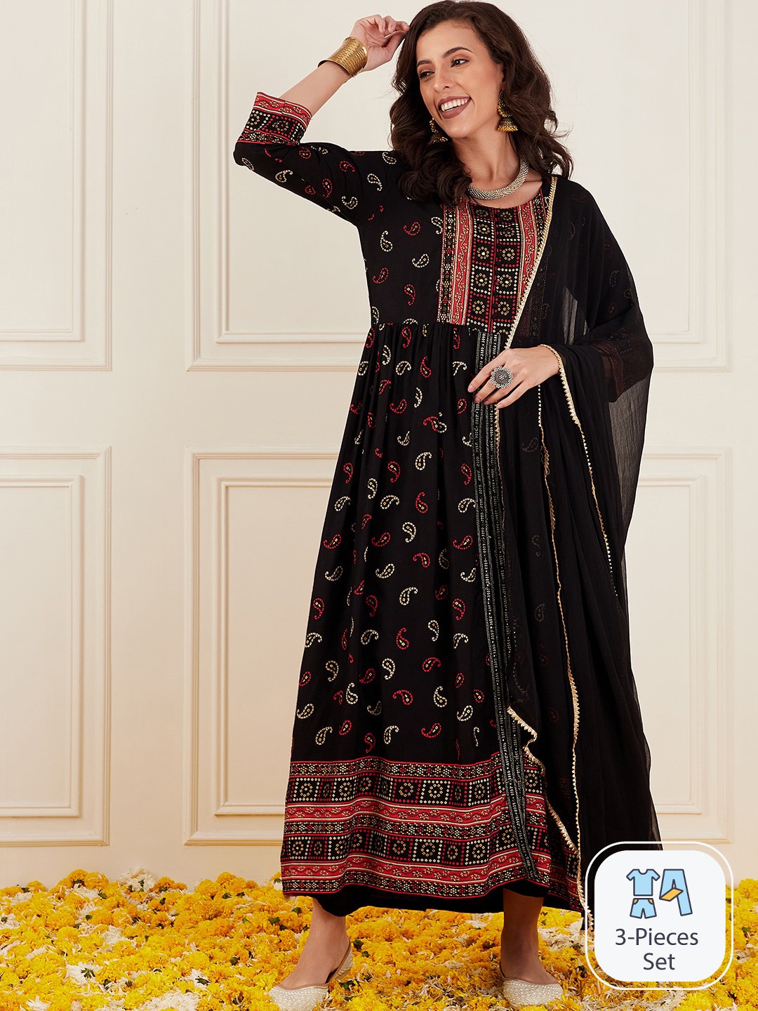 

Ishin Bandhani Printed Mirror Work Kurta with Trousers & Dupatta, Black
