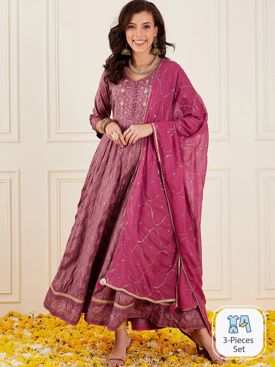 

Ishin Ethnic Motifs Printed Mirror Work & Gotta Patti Anarkali Kurta With Dupatta, Burgundy