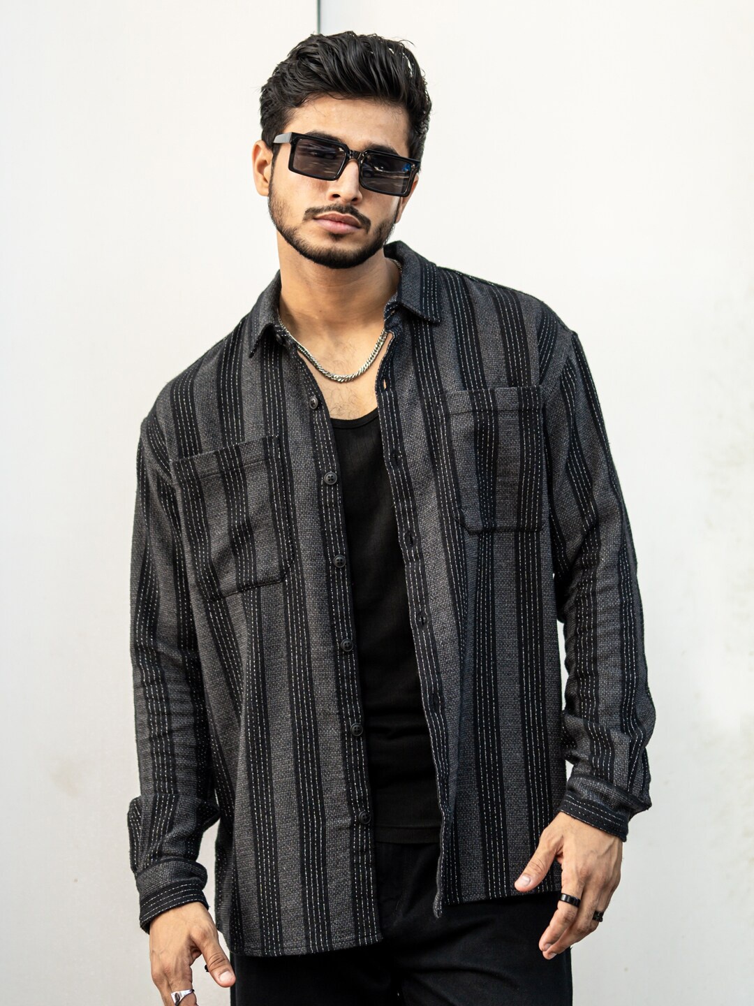 

Powerlook Striped Oversized Casual Shirt, Black