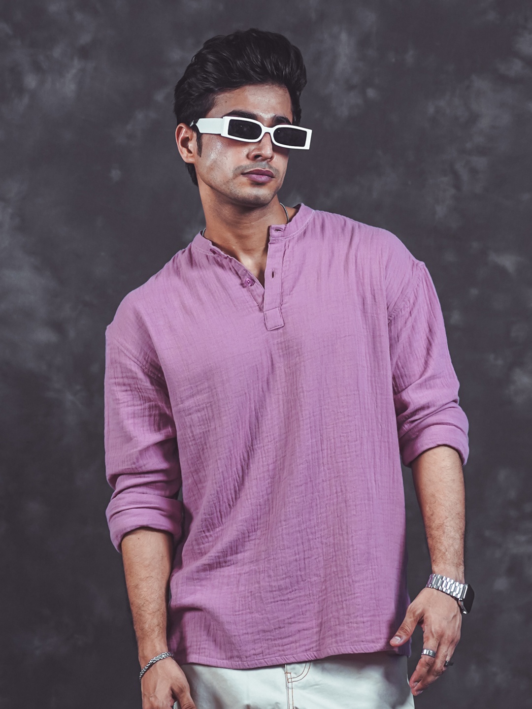 

Powerlook Textured Oversized Casual Shirt, Pink