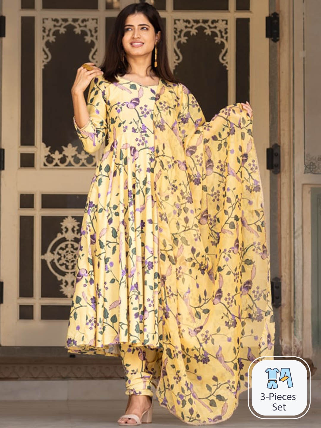 

Ambraee Floral Printed Anarkali Kurta with Churidar & Dupatta, Yellow