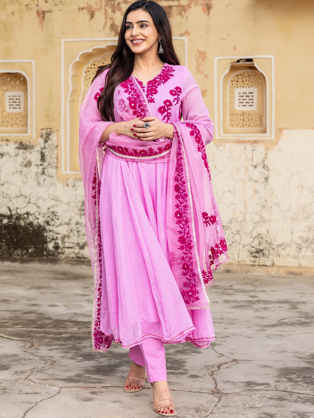 

Ambraee Ethnic Motifs Embroidered Mirror Work Kurta with Trousers & Dupatta, Pink