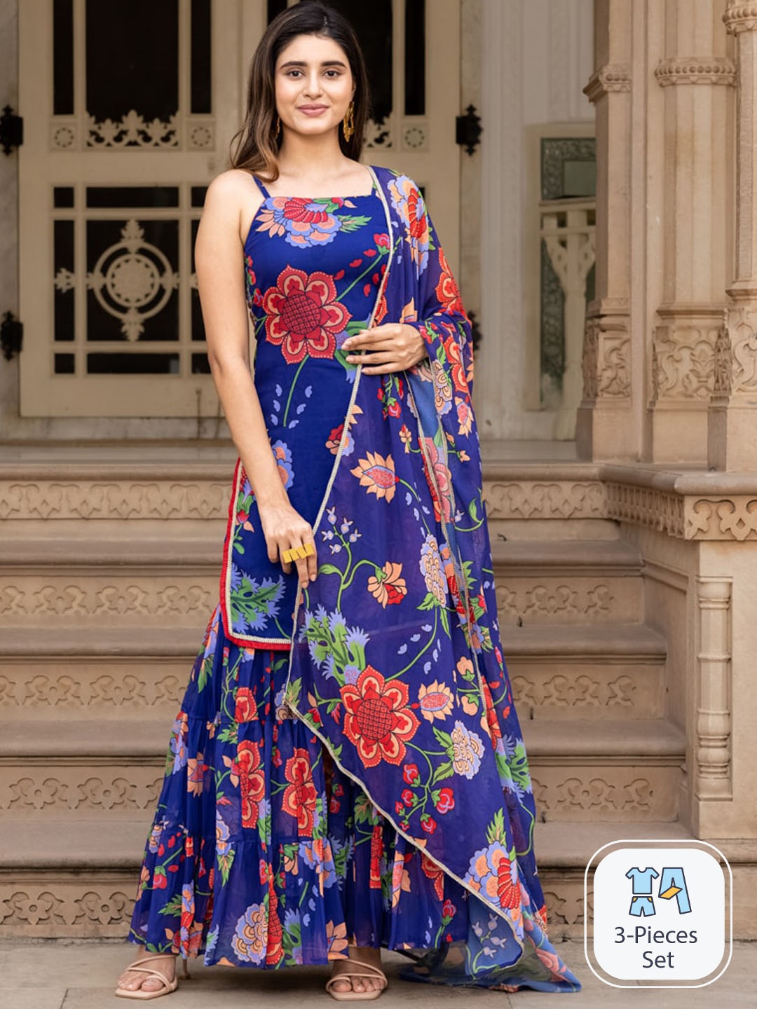 

Ambraee Floral Printed Shoulder Straps Straight Kurta & Sharara With Dupatta, Blue