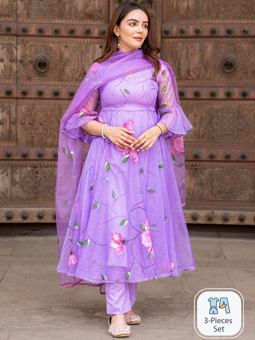 

Ambraee Floral Printed Bell Sleeves Anarkali Kurta with Trousers & Dupatta, Lavender