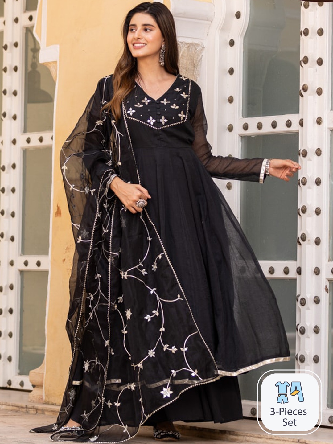 

Ambraee Floral Embroidered Gotta Patti Kurta with Palazzos & Dupatta, Black