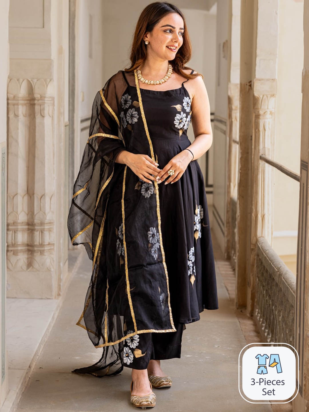 

Ambraee Floral Printed Anarkali Kurta with Trousers & Dupatta, Black