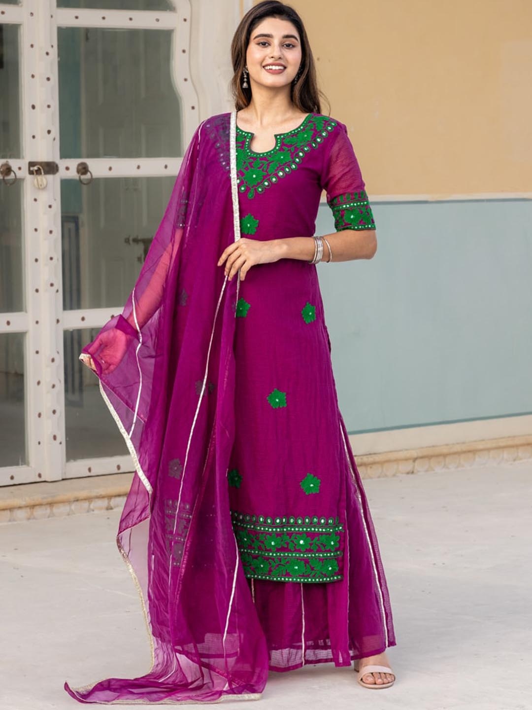 

Ambraee Ethnic Motifs Embroidered Mirror Work Kurta with Sharara & Dupatta, Magenta
