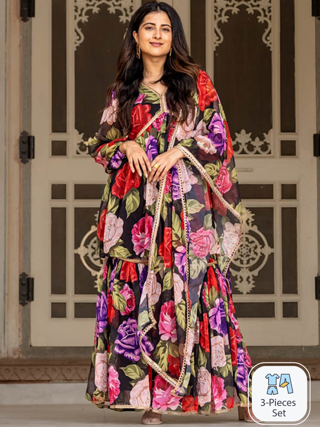 

Ambraee Floral Printed V-Neck Straight Kurta & Sharara With Dupatta, Black