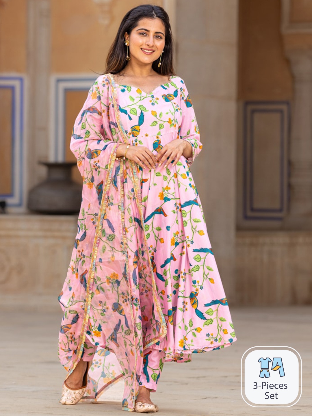 

Ambraee Floral Printed Anarkali Kurta with Trousers & Dupatta, Pink