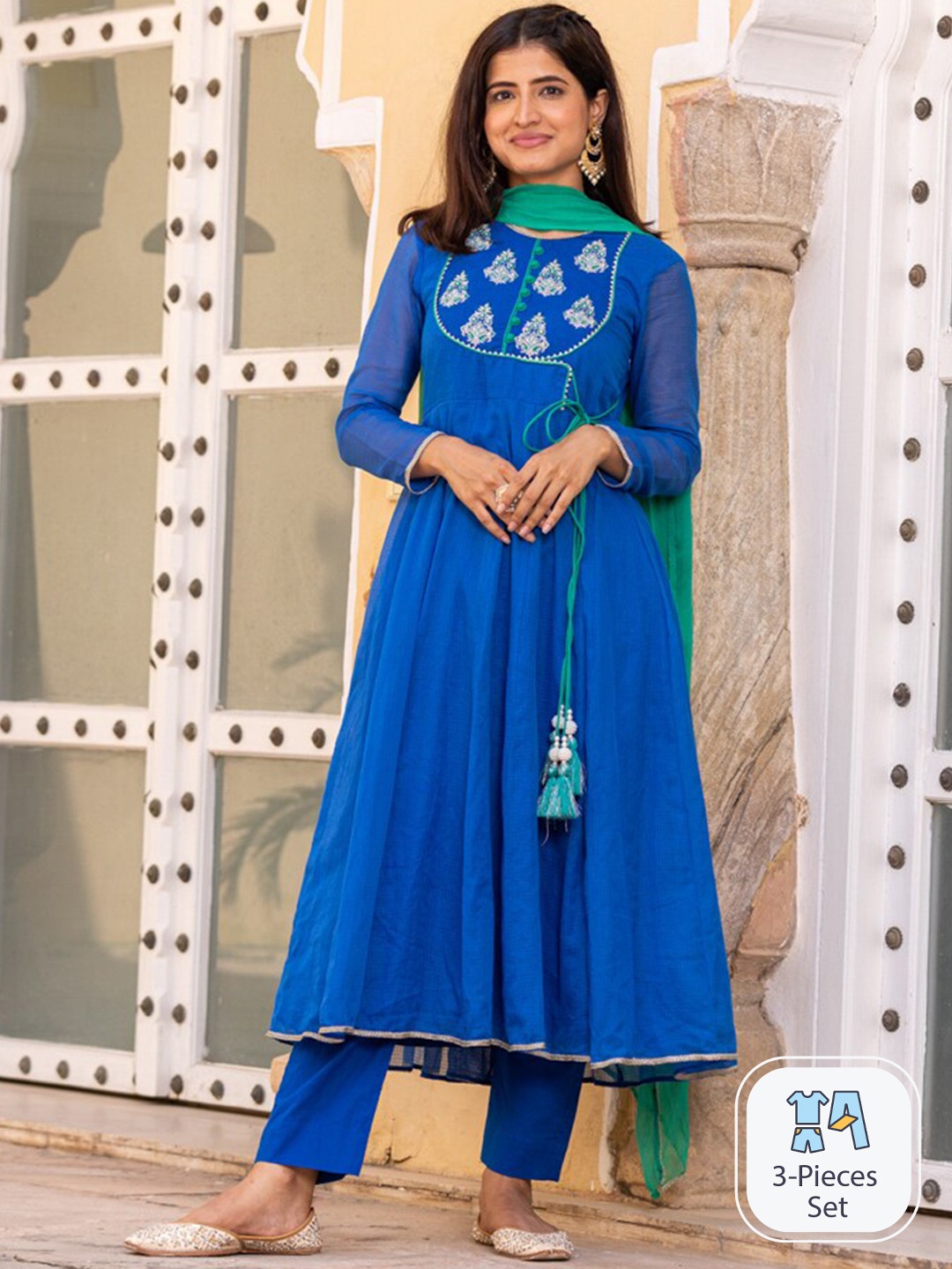 

Ambraee Ethnic Motifs Embroidered Gotta Patti Kurta with Trousers & Dupatta, Blue