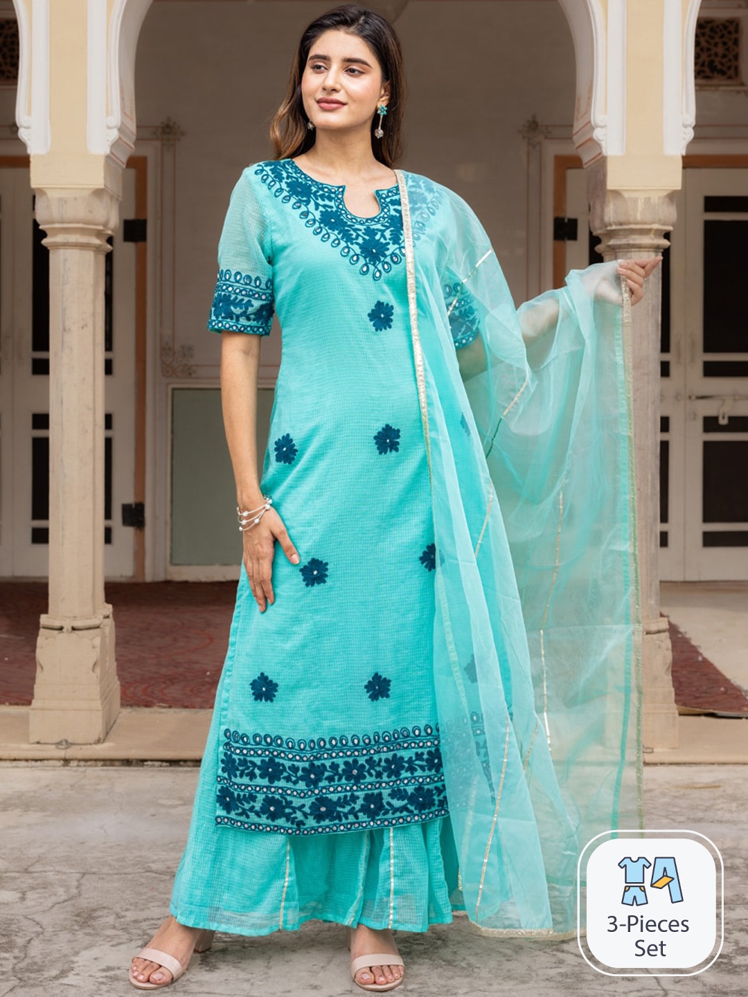 

Ambraee Floral Embroidered Straight Kurta & Sharara With Dupatta, Blue