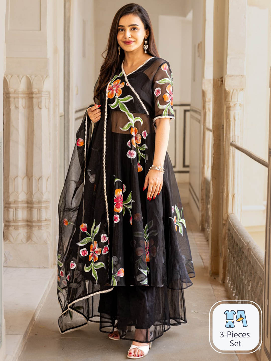 

Ambraee Floral Printed Semi Sheer Kurta with Palazzos & Dupatta, Black