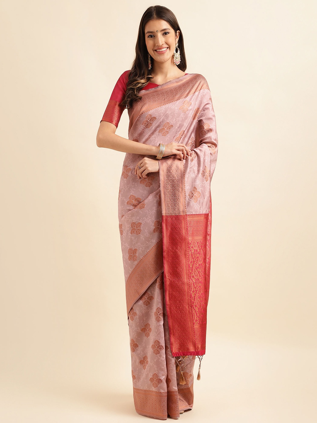 

KALINI Ethnic Motifs Woven Design Zari Detail Pure Silk Banarasi Saree, Pink